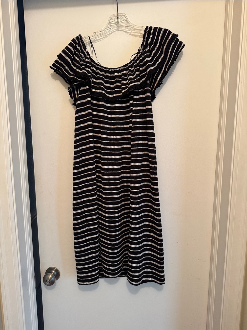 LOFT Black and White Striped Off-Shoulder Mini Dress